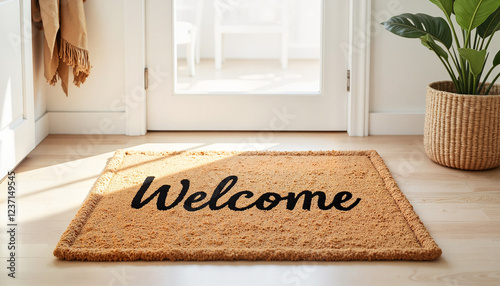 Natural coir doormat in minimalist entryway, warm welcome ambiance