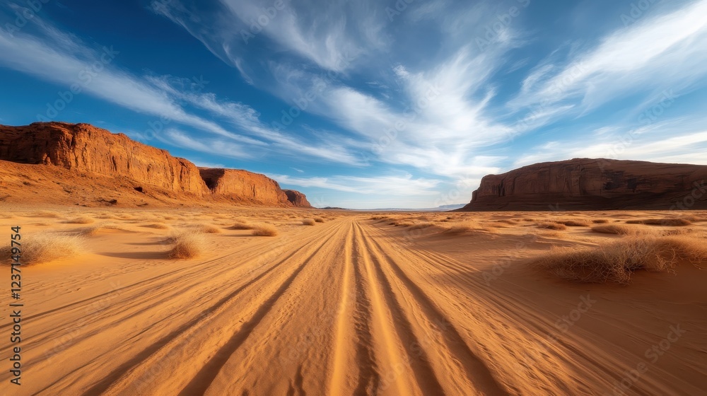 Naklejka premium A rugged dirt trail cuts through a stunning desert landscape, surrounded by magnificent rock formations under a bright blue sky adorned with wispy clouds.