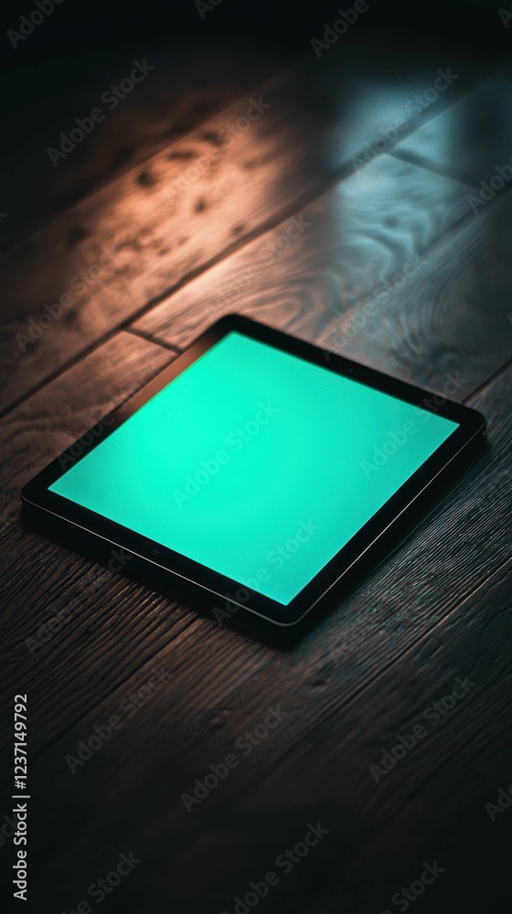 Modern Tablet on Wooden Floor with Ambient Lighting and Green Screen Modern Tablet on Wooden Floor with Ambient Lighting and Green Screen