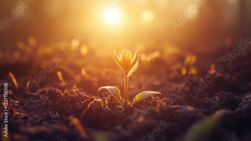 Springtime photo showing a small seed sprouting in the soil, bathed by sunlight.