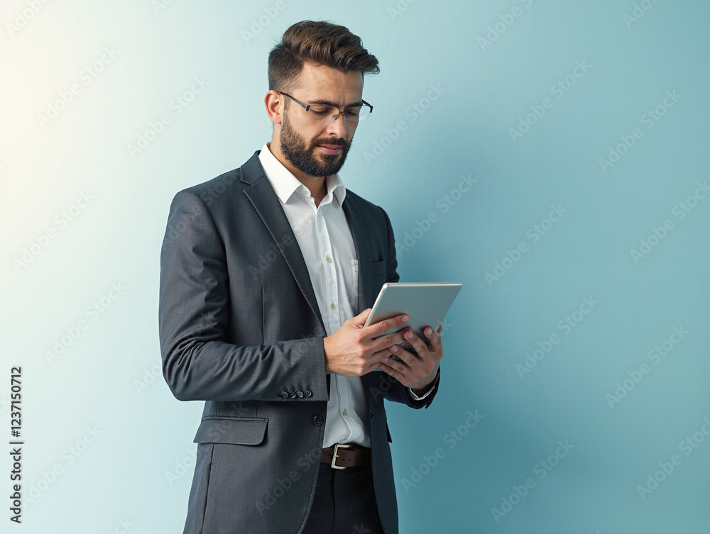 Professional Man in Gray Suit Using Tablet on Blue Background with Sophisticated Lighting and Focused Expression
