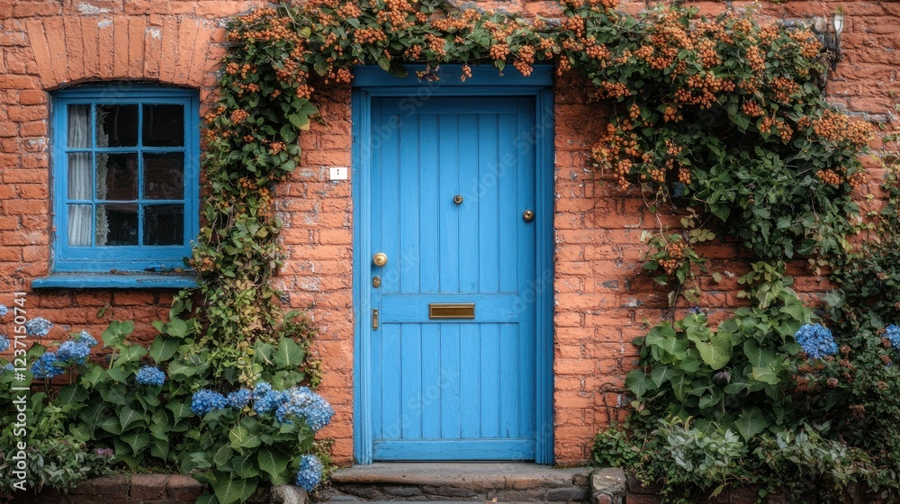 Charming Blue Doorway of a Brick House with Lush Greenery Charming Blue Doorway of a Brick House with Lush Greenery