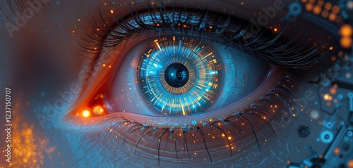 Futuristic Cyborg Eye with Glowing Digital Elements, High-Tech Sci-Fi Concept