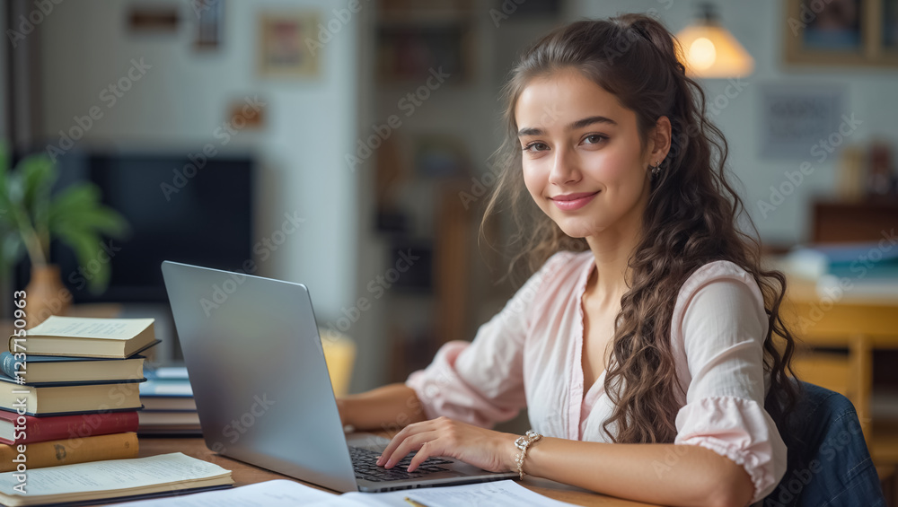 Fototapeta premium smiling positive girl sitting at table with laptop, online learning