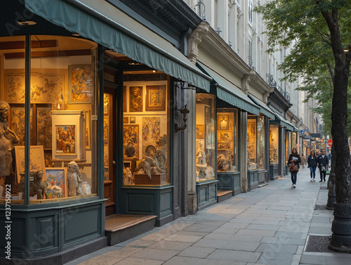 European Art Shops on Quiet Overcast Day with Vintage and Sculptures on Display