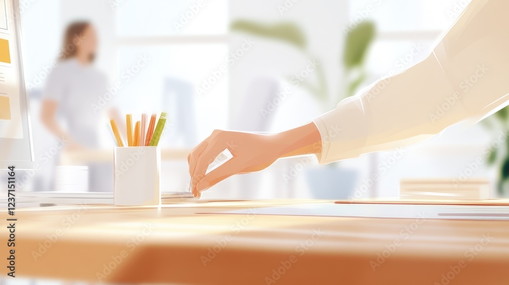 Modern office workspace with hand arranging documents for productivity and organization Modern office workspace with hand arranging documents for productivity and organization