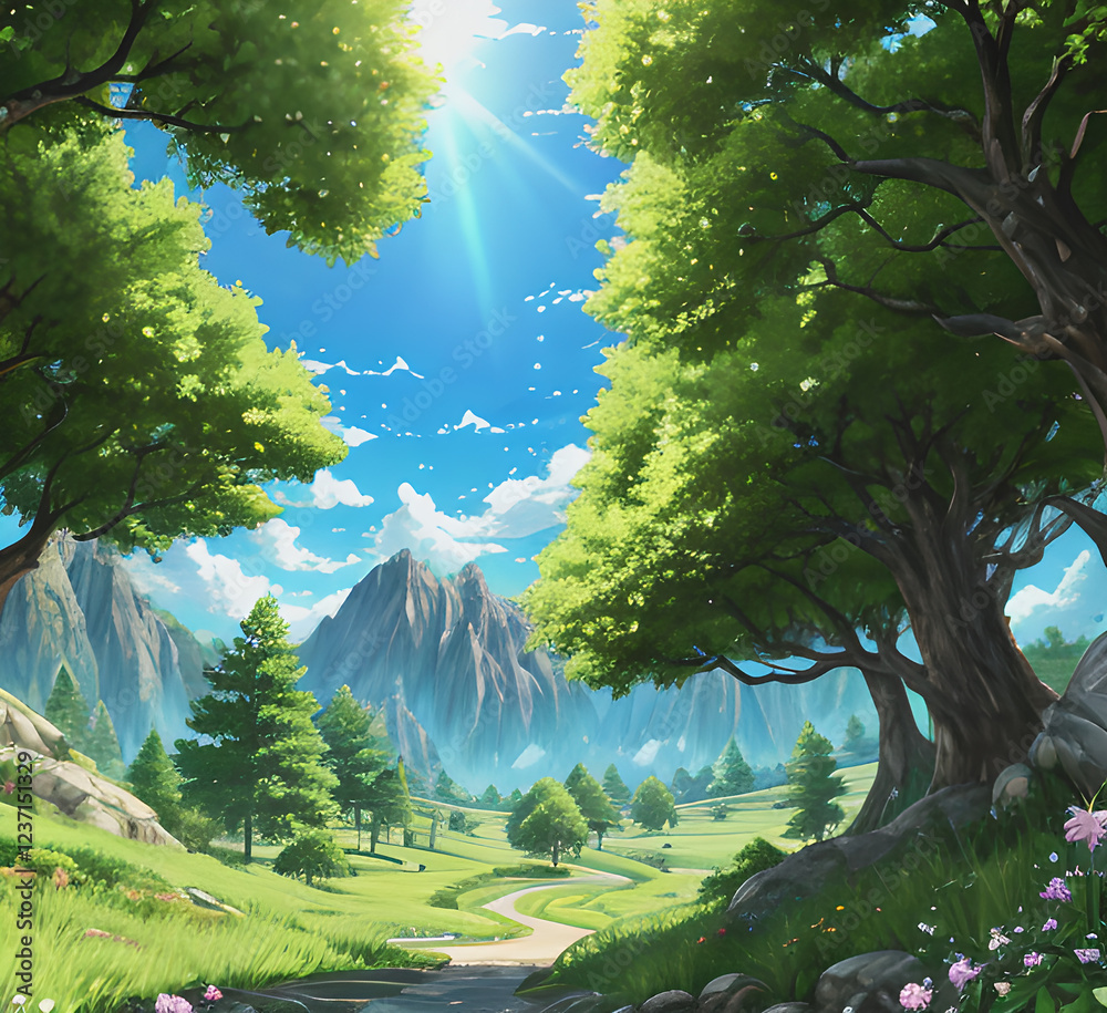 Naklejka premium Fantasy realistic Stunning natural objects including lakes and mountains.mountains lake boat Background and use it as your wallpaper, posters and banners.Generative AI 