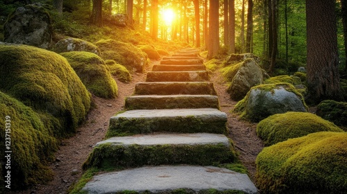 Stone Steps Ascending Through A Mossy Forest photo