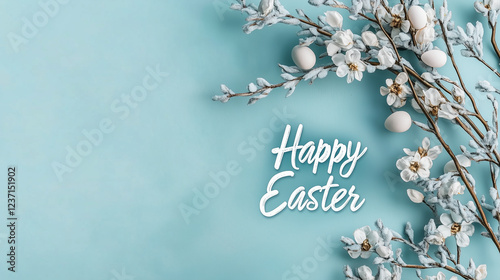 Easter greeting card with blossoms and eggs on blue background with copy space