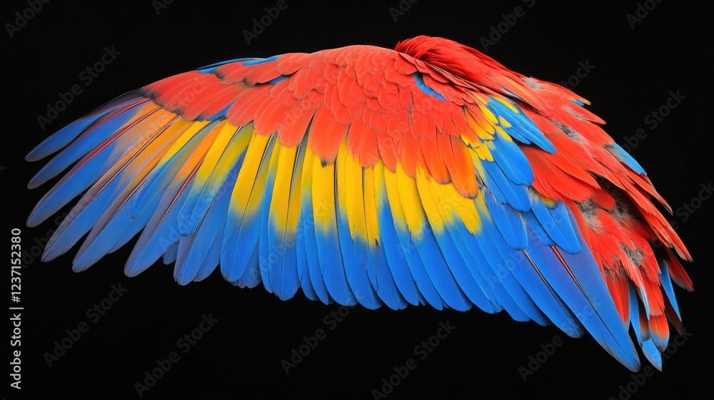 Obraz premium A colorful bird wing with blue, red, and yellow feathers. The wing is spread out and he is in motion