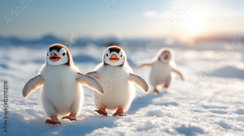 A group of adorable penguin chicks waddling playfully on a snowy landscape, illustrating the charm and innocence of wildlife in a serene natural environment. photo