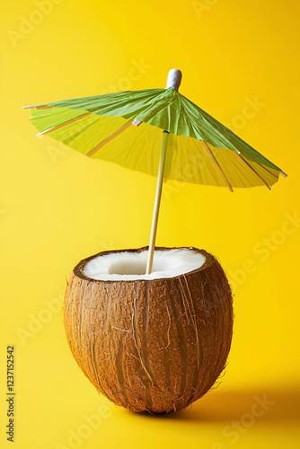 Wallpaper Mural Mini coconut cocktail with an umbrella on a yellow background, symbolizing summer and relaxation  - Torontodigital.ca