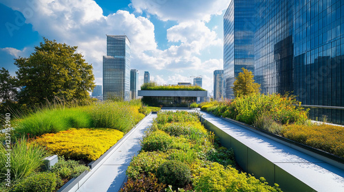 Green roof on a modern business center showcasing diverse plant life and urban architecture under a bright blue sky. Generative AI