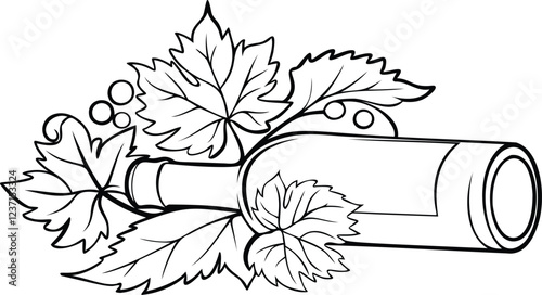 Elegant Wine Bottle with Grape Leaves Line Art Book Vector Design ink