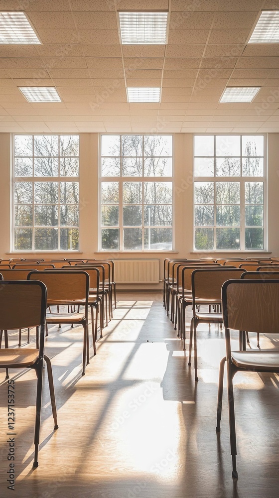 Bright Classroom with Natural Light and Empty Chairs Ready for Learning Bright Classroom with Natural Light and Empty Chairs Ready for Learning