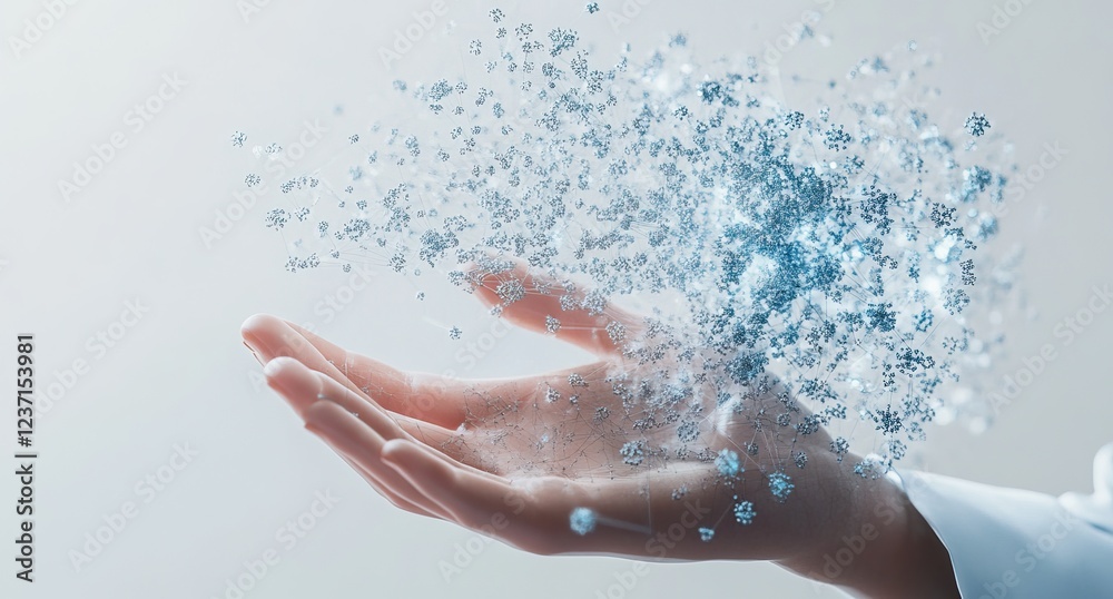 Hands interact with colorful particles, bacteria, and molecular structures. AI generated image Hands interact with colorful particles, bacteria, and molecular structures. AI generated image
