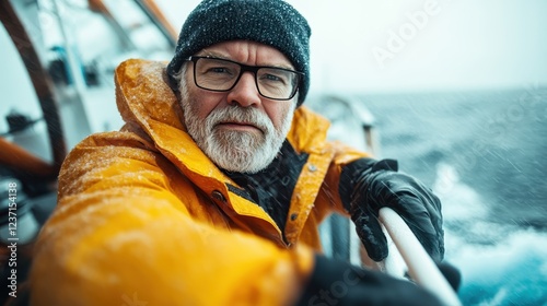 A seasoned fisherman, wearing bright gear and glasses, looks directly at the camera against a backdrop of turbulent sea, embodying determination and the spirit of adventure in harsh weather.
