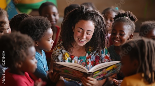 Teacher reading, surrounded by diverse, happy children, smiling and listening intently, engaging classroom atmosphere concept