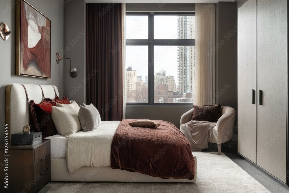 Fototapeta premium Modern Bedroom Design With City View And Dark Accents