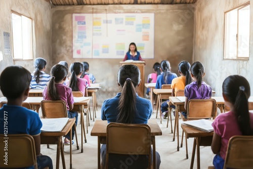 Students attentively listen to their teacher during a lesson in a bright, modern classroom filled with wooden desks and educational materials