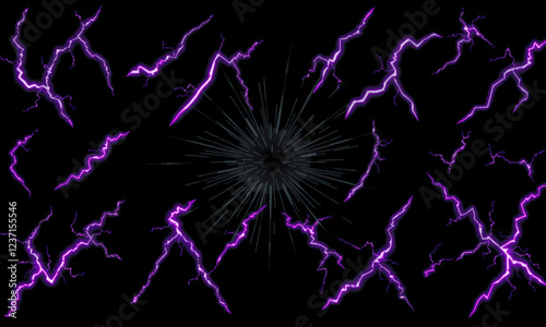 Vibrant purple lightning bolts radiate from central point against dark background, creating dynamic and electrifying visual effect