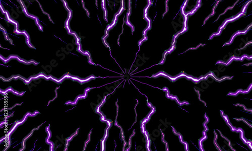 Vibrant purple lightning bolts radiate from center, creating dynamic and electrifying visual effect against dark background. This striking image captures essence of energy and movement