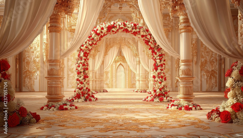  Indian Palace Courtyard with Wedding Decorations, Roses, Jasmine, Pillars, flowing Canopies and Lanterns. Copy space.
