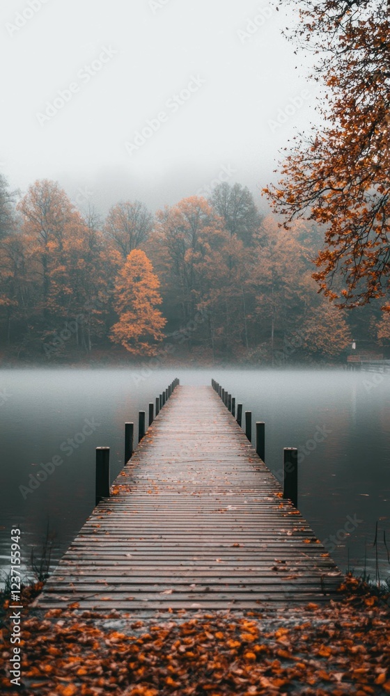 Fototapeta premium Tranquil Wooden Dock in Misty Autumn Landscape by Calm Water