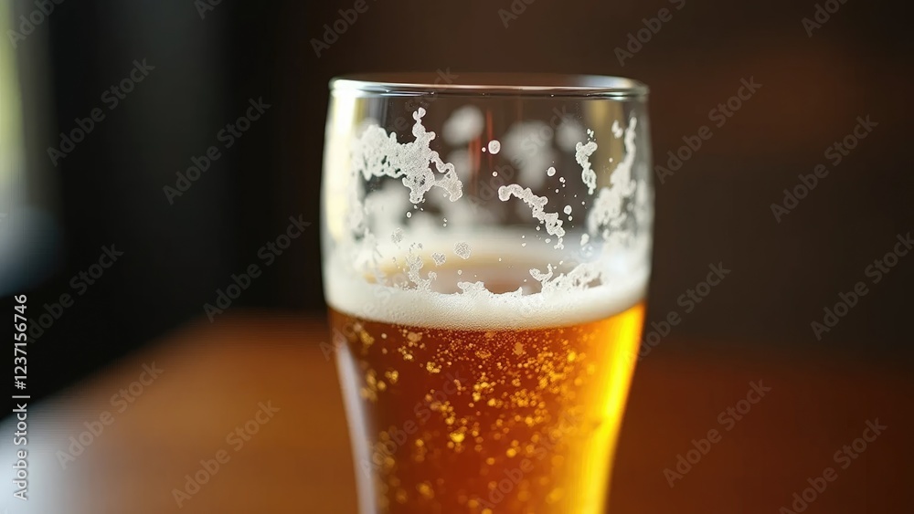 Empty beer glass with foam on the table at the bar in warm lighting Empty beer glass with foam on the table at the bar in warm lighting