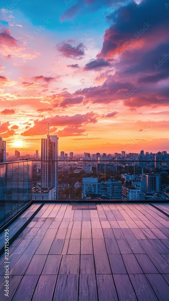 Obraz premium Sunset Over Cityscape from Rooftop with Colorful Clouds and Sky