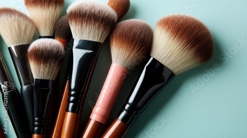 A diverse selection of makeup brushes displaying various styles and colors arranged on a soothing colored base, ideal for inspiring creative beauty expression.