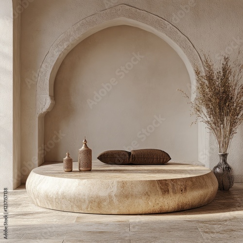 A humble Ramadan podium in Eastern style with a polished stone base, set against a calming empty space photo