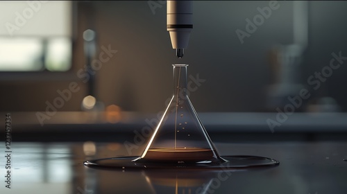 A precise burette setup dripping liquid into a conical flask