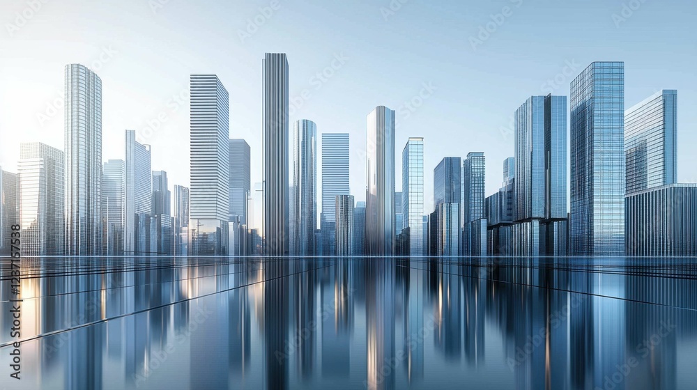 Modern Skyscrapers Reflected in Calm Water During Sunrise Modern Skyscrapers Reflected in Calm Water During Sunrise