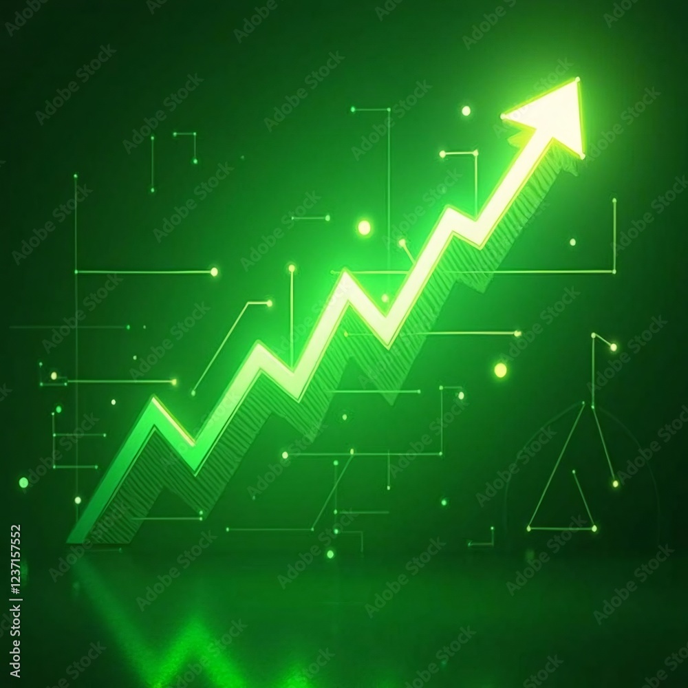 Naklejka premium Neon green arrow soaring upwards, symbolizing growth and success in an abstract digital environment 7WpE