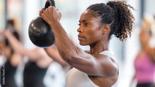 Focused fitness with kettlebell workout in gym class photo