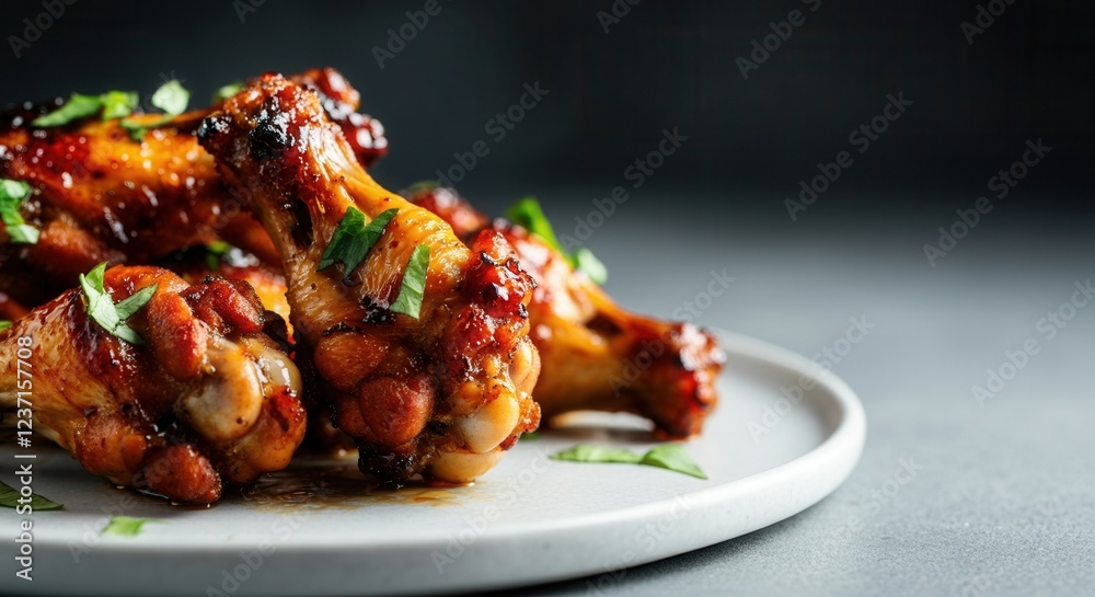 Delicious glazed chicken wings garnished with fresh herbs on a plate Delicious glazed chicken wings garnished with fresh herbs on a plate