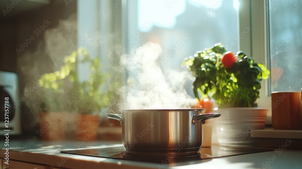 An inviting kitchen scene featuring a steaming pot on the stove, emphasizing warmth and comfort that a home-cooked meal brings to family and friends. An inviting kitchen scene featuring a steaming pot on the stove, emphasizing warmth and comfort that a home-cooked meal brings to family and friends.