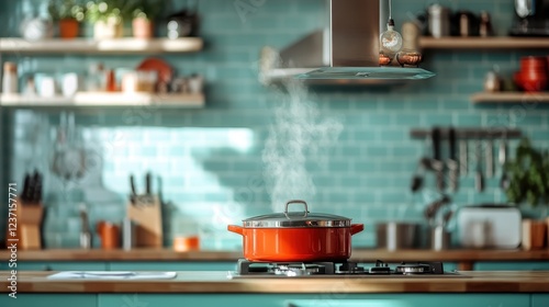 A striking red pot sits on a modern kitchen stovetop, with steam rising, symbolizing culinary creativity and the joy of cooking home meals for loved ones. photo