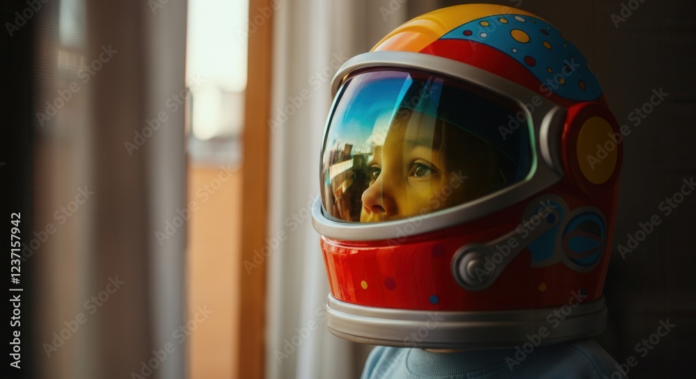 Fototapeta premium Child wearing a colorful astronaut helmet, gazing out the window