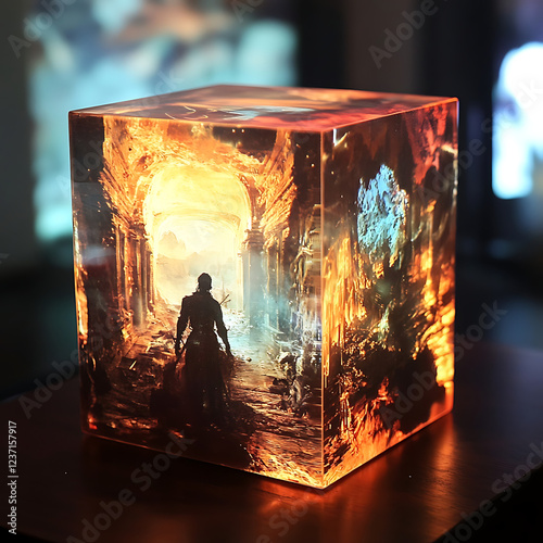 A glowing glass cube displaying animated sequences a legendary tale, the scenes shifting as the cube rotates. 