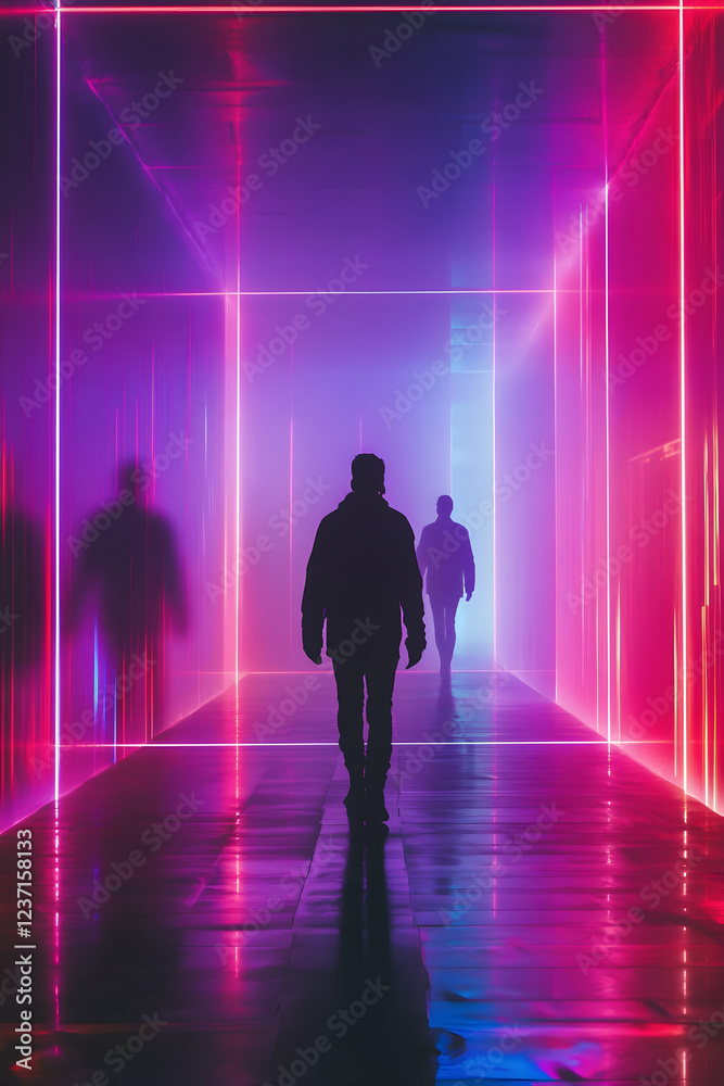 Silhouetted figures traversing a futuristic digital corridor with neon lights, symbolizing journey and discovery - Silhouetted figures traversing a futuristic digital corridor with neon lights, symbolizing journey and discovery -