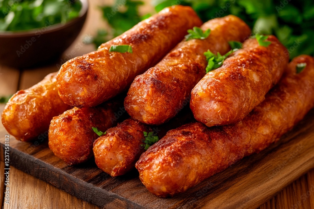 Deliciously crispy sausages served on a rustic wooden board with fresh greens Deliciously crispy sausages served on a rustic wooden board with fresh greens