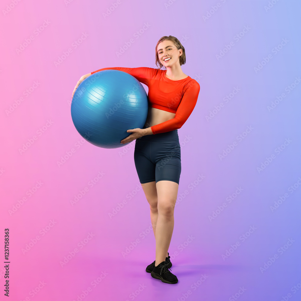Full body length gaiety shot athletic and sporty young woman with fitness exercising ball in standing posture on isolated background. Healthy active and body care lifestyle. Full body length gaiety shot athletic and sporty young woman with fitness exercising ball in standing posture on isolated background. Healthy active and body care lifestyle.