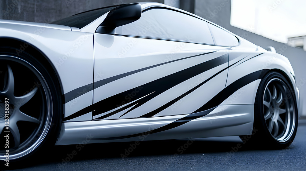Sleek silver car with a custom vinyl decal design on the side, showcasing creative automotive styling - Sleek silver car with a custom vinyl decal design on the side, showcasing creative automotive styling -