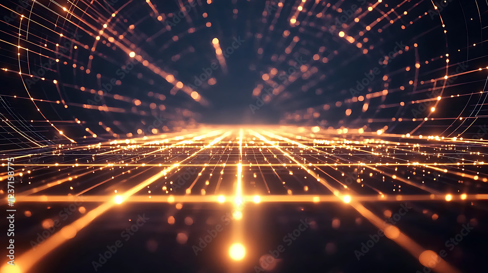 Naklejka premium A glowing grid pattern extending infinitely in a dark void, creating an immersive sense depth and perspective.