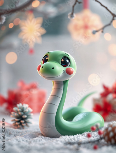 Cute Green Snake Toy in Festive Winter Scene