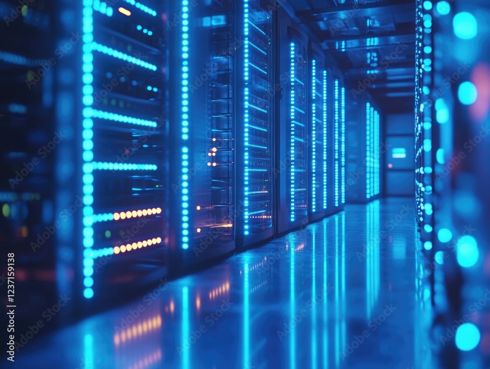 Fototapeta premium High tech computer hardware in a large blue lit data center. Server farm with numerous computers for storage and processing power.
