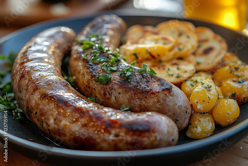 Enjoying a delightful breakfast featuring bavarian veal sausage and wheat beer photo