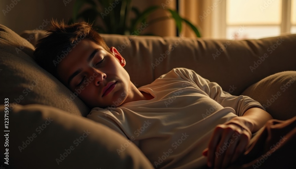 Young person sleeping peacefully on a cozy couch in warm indoor light during evening hours with indoor plants in the background